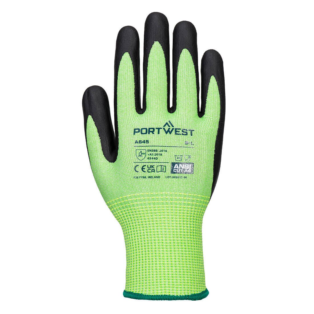 Hazkit - Pack of 12 - Portwest Cut D13 Nitrile Foam Dipped Green Work Gloves - A645