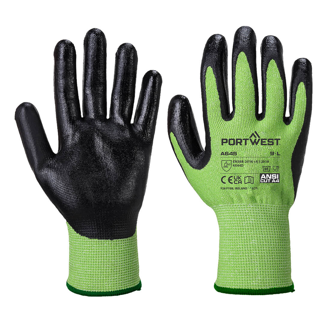 Hazkit - Pack of 12 - Portwest Cut D13 Nitrile Foam Dipped Green Work Gloves - A645