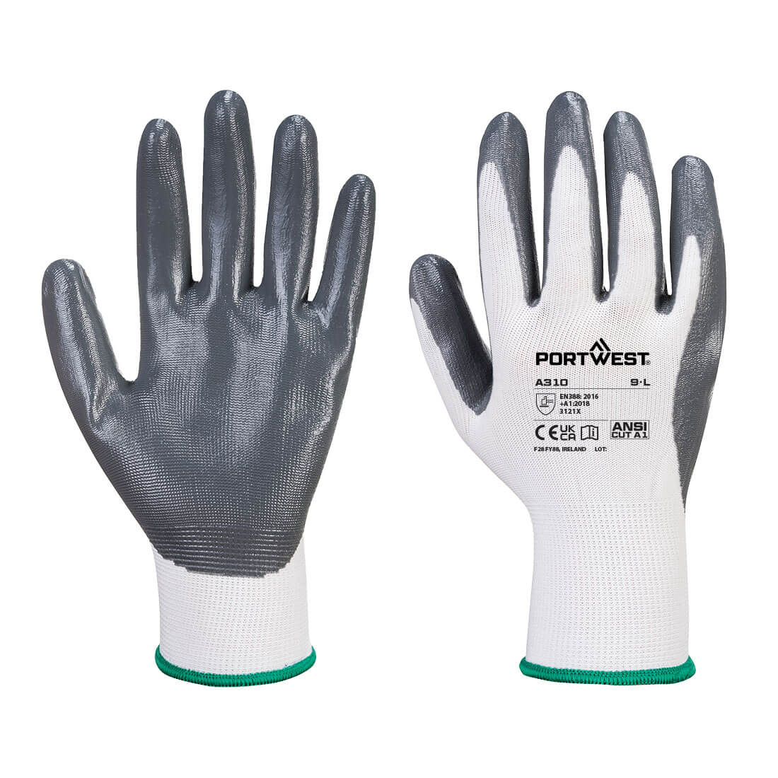 Hazkit - Pack of 12 - Portwest Flexo Grip 13 Nitrile Coated Work Gloves - A310