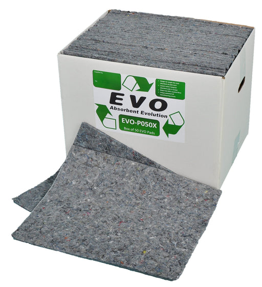 Hazkit - 50 EVO Recycled Absorbent Spill Pads Boxed or Poly-Wrapped - Oil, Fuel and Solvents - EVO