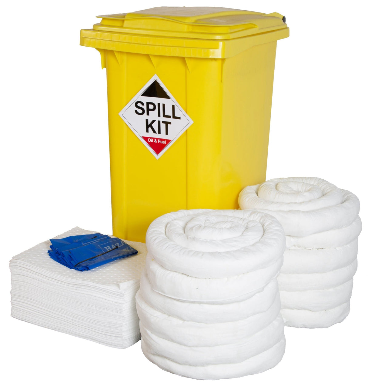 Hazkit - Oil and Fuel Spill Kit in Yellow or Blue Wheelie Bin - Treats 240 Litres - Fentex