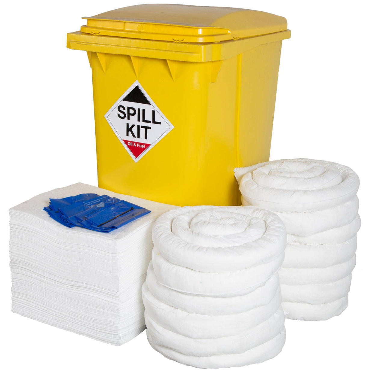 Hazkit - Oil and Fuel Spill Kit in Yellow or Blue Wheelie Bin - Treats 360 Litres - Fentex
