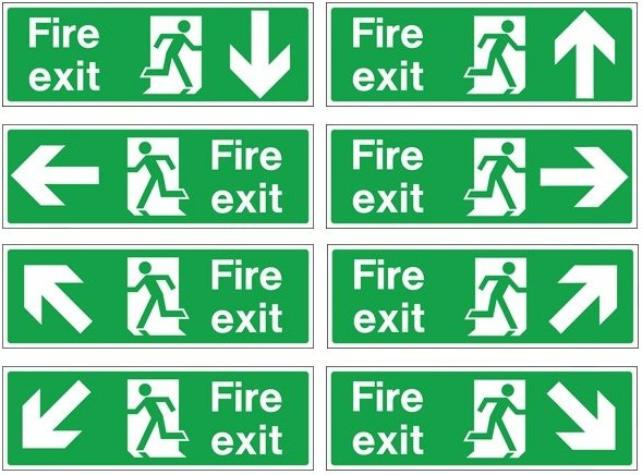 Hazkit - Fire Exit Signs Including Directional Arrows - 300 x 100mm - 1mm Rigid plastic - Hazkit