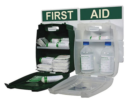 Hazkit - HSE 2 in 1 Combination Station - Wall Mounted First Aid Kit and Eyewash 1 - 10 or 21 - 50 Person Kit - Hazkit