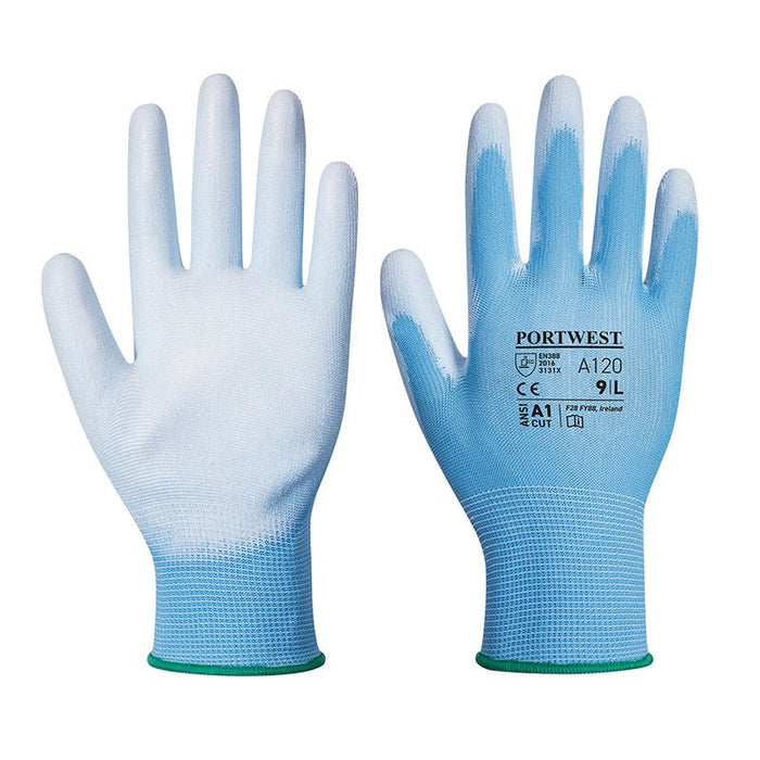 Hazkit - Pack of 5, 10 or 50 - Bestseller Portwest Blue Breathable General Handling Cut Protection PU Work Gloves - A120 - Portwest