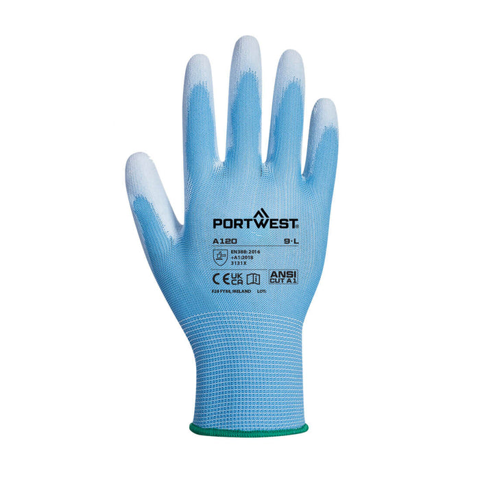 Hazkit - Pack of 5, 10 or 50 - Bestseller Portwest Blue Breathable General Handling Cut Protection PU Work Gloves - A120 - Portwest