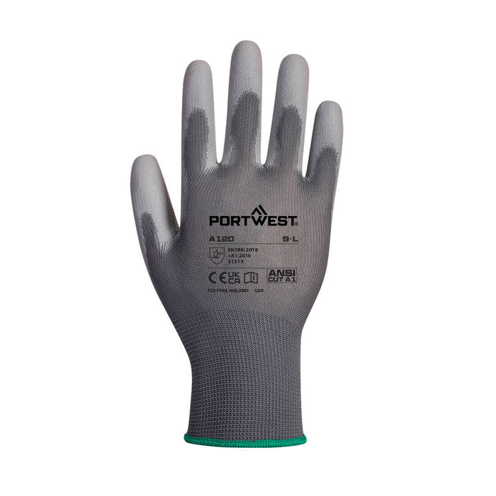 Hazkit - Pack of 5, 10 or 50 - Bestseller Portwest Grey Breathable General Handling Cut Protection PU Work Gloves - A120 - Portwest