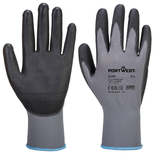 Hazkit - Pack of 5, 10 or 50 - Bestseller Portwest Grey/Black Breathable General Handling Cut Protection PU Work Gloves - A120 - Portwest