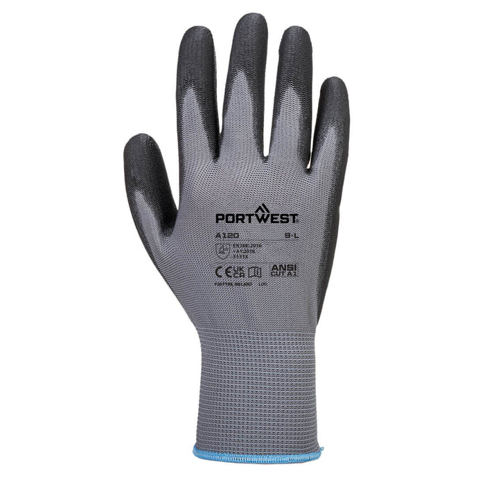 Hazkit - Pack of 5, 10 or 50 - Bestseller Portwest Grey/Black Breathable General Handling Cut Protection PU Work Gloves - A120 - Portwest