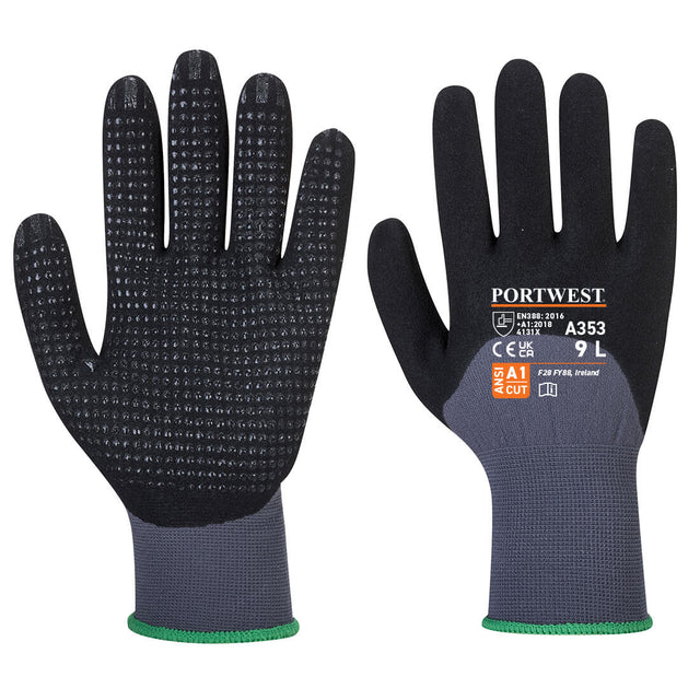 Hazkit - Pack of 5, 10 or 50 - Portwest DermiFlex Ultra Plus Grip Nitrile Coated Work Gloves - A353 - Portwest