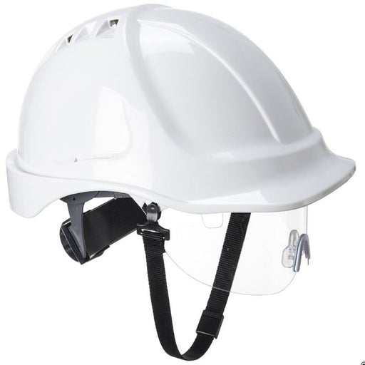 Hazkit - Portwest Endurance Visor Safety Helmet - Vented Wheel Ratchet Short Peak - White PW55 - Portwest